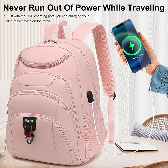 Boavan Laptop Backpack for women, 15.6 inch Laptop Bag with USB Port, Waterproof Travel Work Backpack Purse, Anti-Theft Teacher Nurse Doctor Casual Bookbags Office Business backpack,Pink