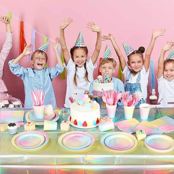 Iridescent Rainbow Party Decorations - Serve 25, Holographic Pastel Paper Plates and Napkins, Disposable Iridescent Rainbow Plates, Cups, Napkins for Girls Birthday, Wedding, Baby Shower