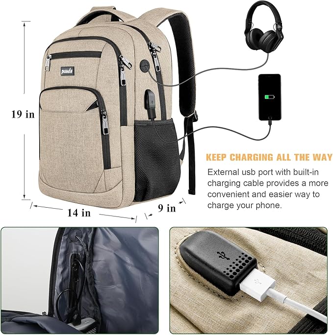 Paude Backpack for School, Laptop, Teens 17.3 Inch College Backpack for University, Business, Work, Travel - Beige