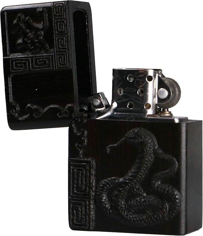 Natural Ebony Black Wood Carved Lighter Shell Box For Zippo Module (Zodiac Snake)