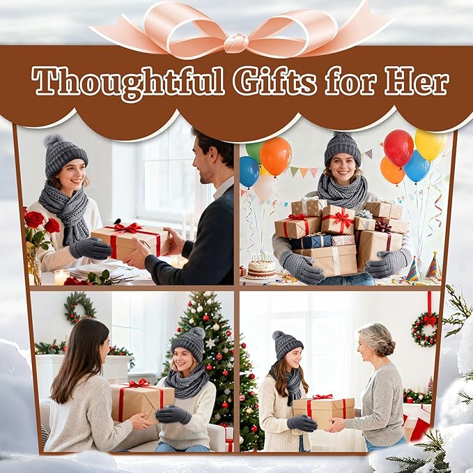Winter Hat Scarf Gloves Set for Women, Warm Knit Beanie, Touch Screen Gloves and Soft Neck Warmer