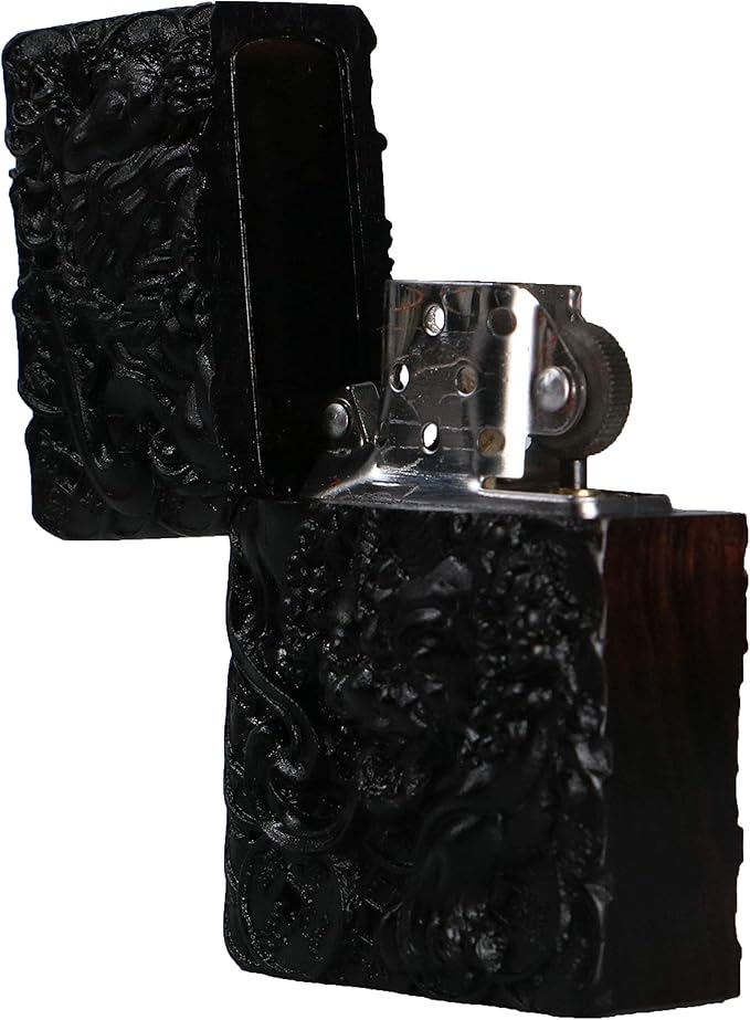 Natural Ebony Black Wood Carved Lighter Shell Box For Zippo Module (Rich Unicorn 1#)