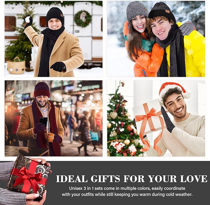 FZ FANTASTIC ZONE Mens Winter Knit Hat Beanie Long Neck Scarf Touchscreen Gloves Set Fleece Skull Caps Gifts for Men Women