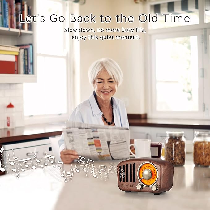 Vintage Greadio Walnut Wood Bluetooth Speaker Radio - Retro Style, Bass Enhancement, Loud Volume, Bluetooth 5.0, MP3 & FM Radio