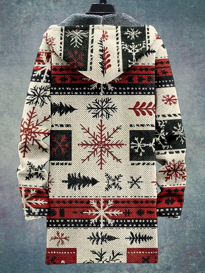 2025 Men's Ethnic Pattern Hooded Jacket Long Cardigan Hoodies Full Zip Vintage Knitted Zipper Coat with Pocket
