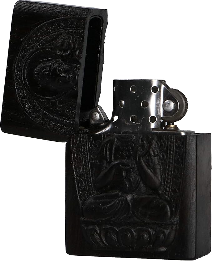 Natural Ebony Black Wood Carved Lighter Shell Box For Zippo Module (Protector Deity/Mahasa Boddhisattva)