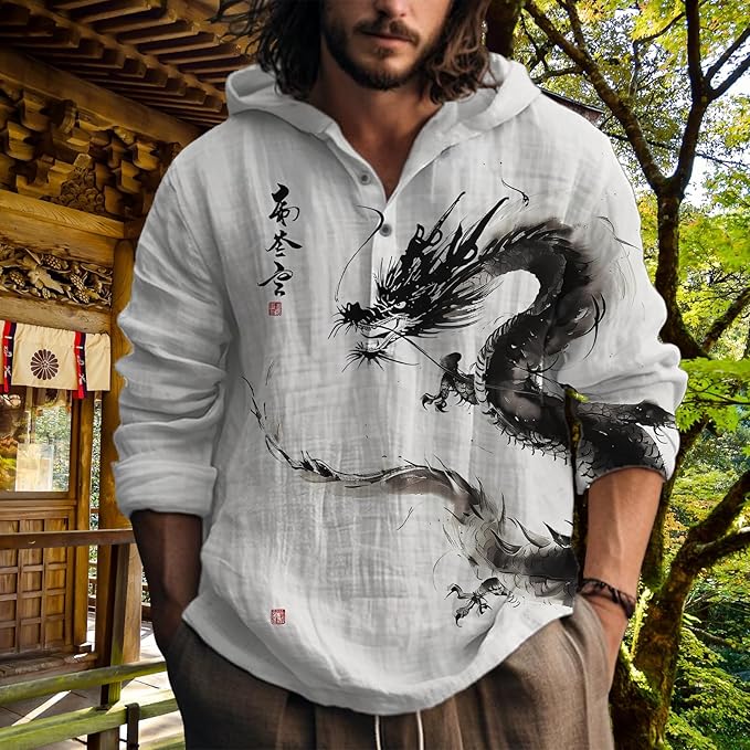 MARSVOVO Hooded Long Sleeve Shirt Men Fashion Graphic Button Up Lightweight Big and Tall Casual Vacation Shirts for Men
