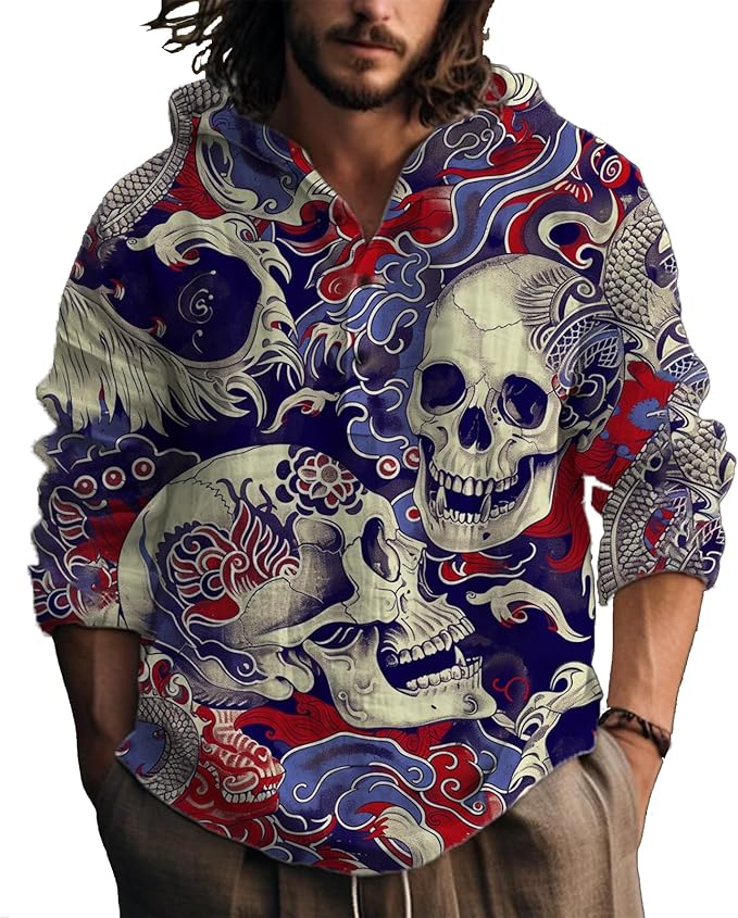 MARSVOVO Hooded Long Sleeve Shirt Men Fashion Graphic Button Up Lightweight Big and Tall Casual Vacation Shirts for Men