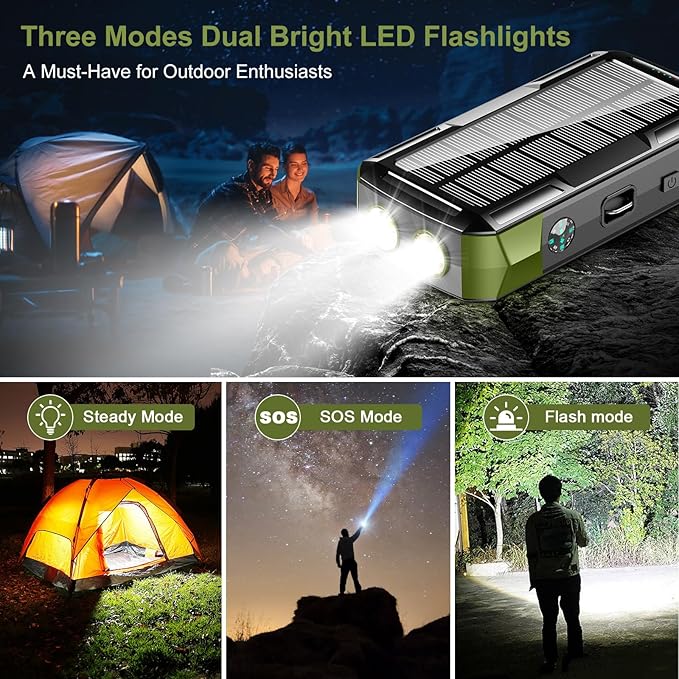 Solar Charger Power Bank 73200mAh, Portable Laptop Charger with 100W USB-C in/Output, Built-in Cables, Hand Crank Power Bank for Mobile Phones, Ideal for Outdoor Use with SOS/Strobe/Strong (green)