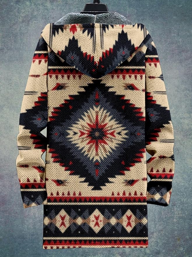 2025 Men's Ethnic Pattern Hooded Jacket Long Cardigan Hoodies Full Zip Vintage Knitted Zipper Coat with Pocket