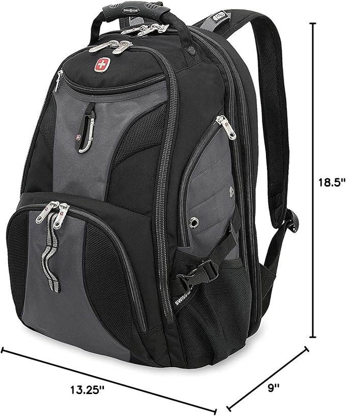 SwissGear 1900 ScanSmart 17” Laptop Backpack Grey/Black – Reflective Tech Backpack with ScanSmart Compartment – Multiple Organizer Pockets & RFID Scan Blocking Technology