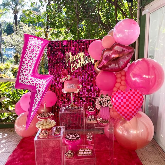 Pink Leopard Lightning Bolt and Pink Fuchsia Checkered Heart Foil Balloons Set,Kpop Party Decorations Idol Demon Hunters Balloon, Valentine’s Day, Bachelorette, Edgy Galm Party Decor