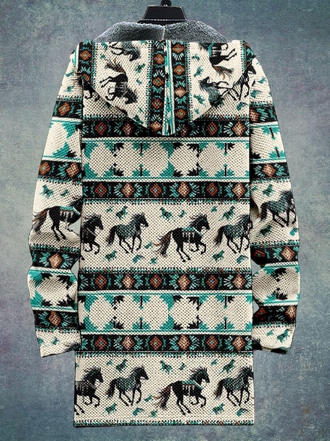 2025 Men's Ethnic Pattern Hooded Jacket Long Cardigan Hoodies Full Zip Vintage Knitted Zipper Coat with Pocket