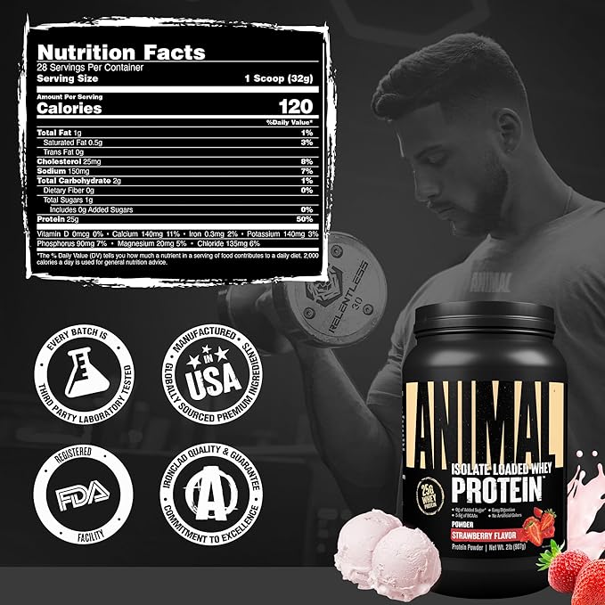 Animal Whey Isolate Protein Powder - Loaded for Pre & Post Workout Muscle Builder and Recovery with Digestive Enzymes for Men & Women - 25g Protein, Great Taste, Low Sugar - Strawberry 2 lbs