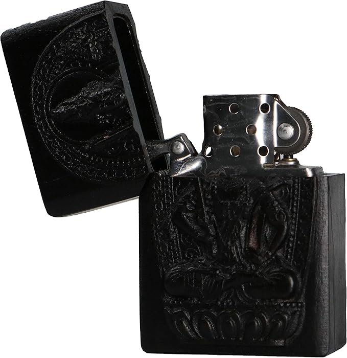Natural Ebony Black Wood Carved Lighter Shell Box For Zippo Module (Protector Deity/Akasagarbha bodhisattva)