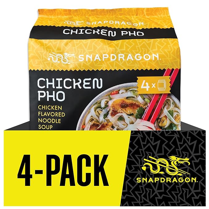 Snapdragon Chicken Pho Instant Noodle Packets 4-Pack | Rich Chicken Flavored Broth with Rice Noodles, Gluten Free, No Artificial Flavors, 4 2.1oz Packets