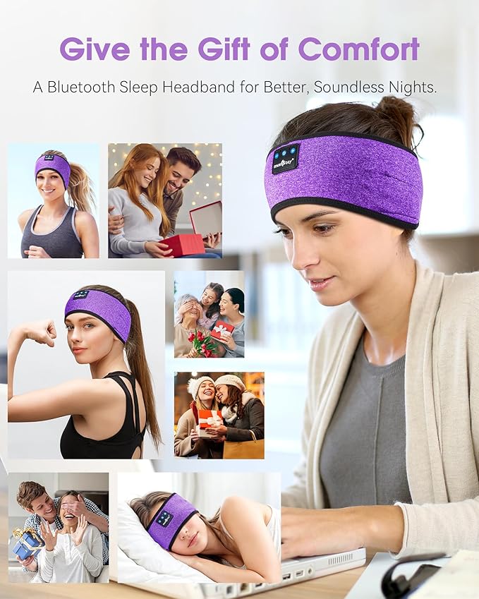 MUSICOZY Sleep Headphones Wireless, Bluetooth Headband Sports Sleeping Headphones Sleep Mask Earbuds Breathable Music Headband with Bluetooth 5.4, Perfect for Workout Running, Grape Purple