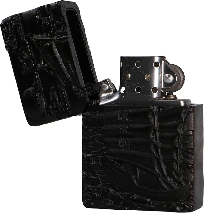 Natural Ebony Black Wood Carved Lighter Shell Box For Zippo Module (Sailing Boat)