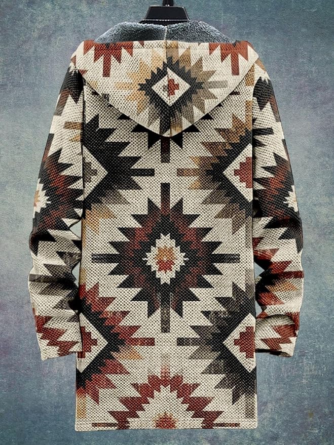 2025 Men's Ethnic Pattern Hooded Jacket Long Cardigan Hoodies Full Zip Vintage Knitted Zipper Coat with Pocket
