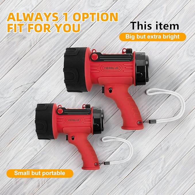 YIERBLUE Rechargeable Spotlight Flashlight with 100,000 High Lumen LED, IP67 Waterproof Long Running Spot Light searchlight, Impact Resistant Handheld Spotlight with Foldable Stand and Red Lens