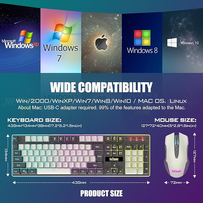 RedThunder K10 Wireless Gaming Keyboard and Mouse Combo, LED Backlit Rechargeable 3800mAh Battery, Mechanical Feel Anti-ghosting Keyboard + 7D 3200DPI Mice for PC Gamer (White-Gray)