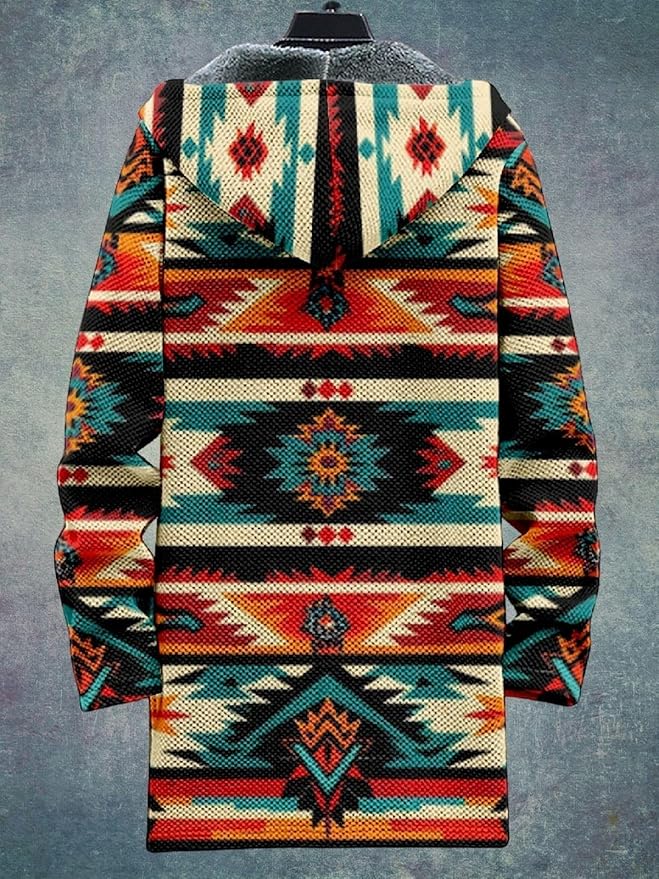 2025 Men's Ethnic Pattern Hooded Jacket Long Cardigan Hoodies Full Zip Vintage Knitted Zipper Coat with Pocket