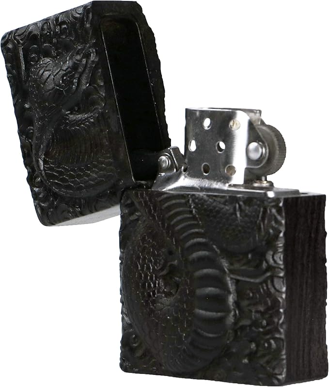 Natural Ebony Black Wood Carved Lighter Shell Box For Zippo Module (Cobra Snake)