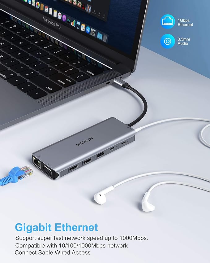 14 in 1 USB-C Docking Station - Dual Monitor Laptop Dock with 2 HDMI, VGA, 5 USB, SD/TF for Dell/Surface/HP/Lenovo Laptops