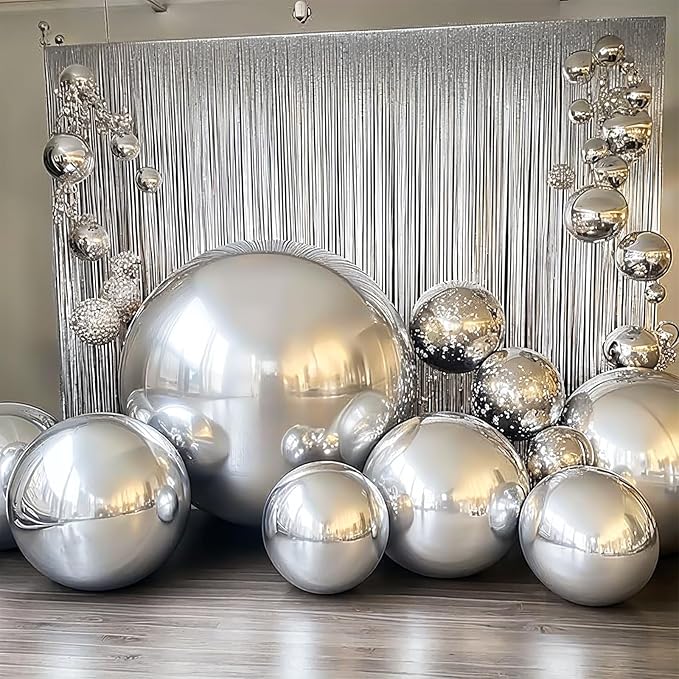 50 Inch Giant Silver Round Foil Balloons, 3Pcs Metallic Silver 4D Ball Balloons for Birthday New Year Eve Wedding Engagement Graduation Anniversary Party Decorations 2026