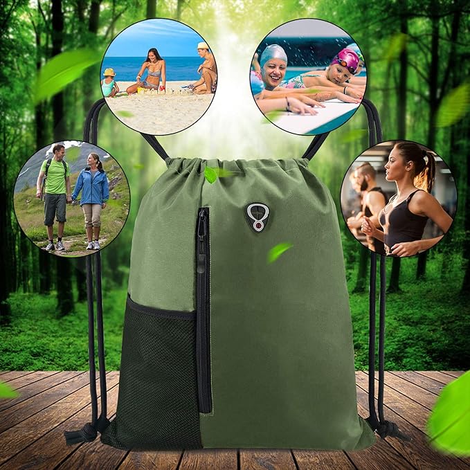 BeeGreen Green Drawstrings Backpacks Bags For Men String Backpack For Women With Water Bottle Pocket &Front Zippered Pocket Large Sackpack For Traveling Yoga Beach Outdoor Gym