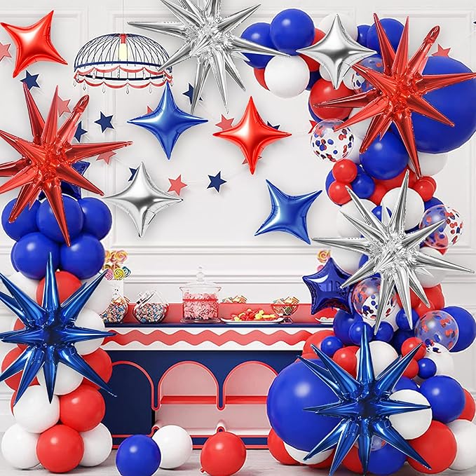 TONIFUL 18Pcs 22Inch Red Blue Silver Explosion Star Mylar Balloons and 10Inch Four Pointed Star Balloons Set for Christmas New Year Birthday Wedding Independence Day Anniversary Photo Booth Supplies