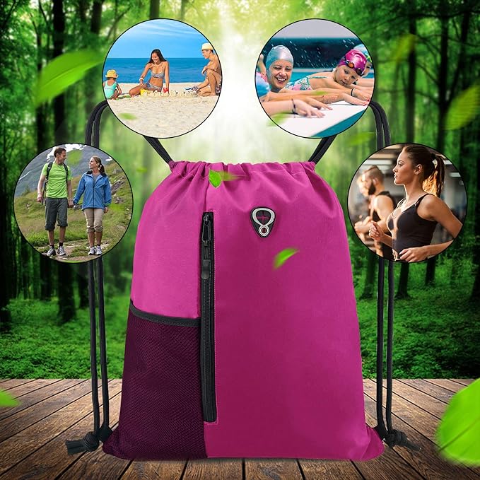 BeeGreen Pink Cinch Sack Drawstring Backpack For Women With Water Bottle Pocket &Two Zippered Pocket Large Sports Gym Sackpack For Traveling Yoga Beach Outdoor