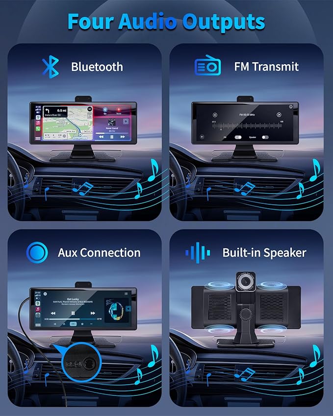 Wireless Carplay Screen for Car 10.26" Portable Touchscreen Car Stereo for Apple Carplay & Android Auto with 4K 360 Rotation Dash Cam & 1080P Backup Camera, Mirror Link, Siri, GPS Navigation, FM