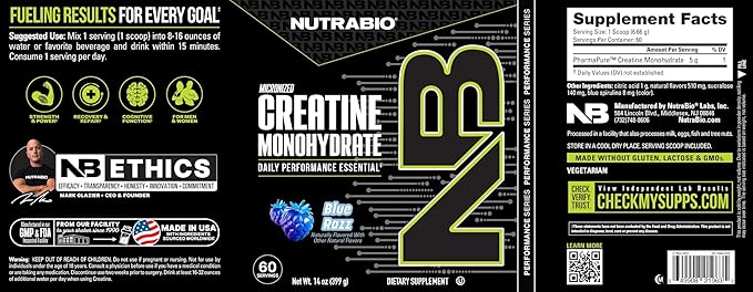 NutraBio Pure Micronized Creatine Monohydrate Powder Supplement, Blue Razz (300 g) - Supports Bulk Muscle Energy, Recovery, and Strength - HPLC Tested Creatine Powder Supplement for Men and Women