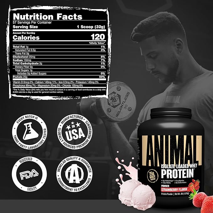 Animal Whey Isolate Protein Powder - Loaded for Pre & Post Workout Muscle Builder and Recovery with Digestive Enzymes for Men & Women - 25g Protein, Great Taste, Low Sugar - Strawberry 4 lbs