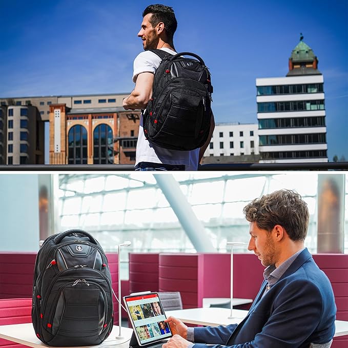 Swissdigital Design Men's Laptop Backpack for College and Business Travel with Integrated USB Charging Port and RFID Protection Fits Laptops up to 15.6 in, Black | J14-BR