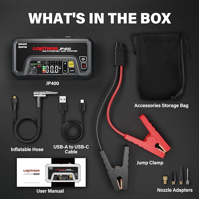 LOKITHOR JP400 Jump Starter with Air Compressor, 2500A 12V Car Battery Jumper Starter Portable (8.5L Gas/6.5L Diesel) with ConnectMax Tech, 150PSI Tire Inflator, Auto-Shutoff & Dynamic Dwell