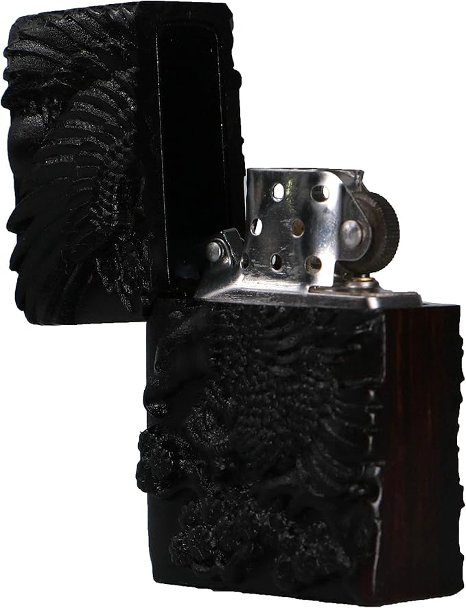 Natural Ebony Black Wood Carved Lighter Shell Box For Zippo Module (Eagle)