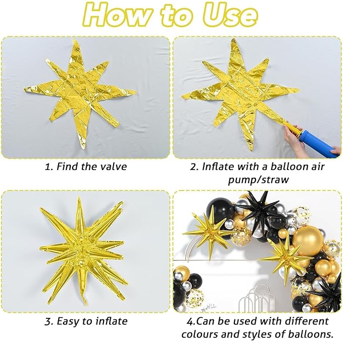 6PCS Black Gold Star Balloons, 22Inch Large Star Balloon Foil Balloons Party Balloons for Birthday Graduation Wedding Retirement NewYear Party Decorations