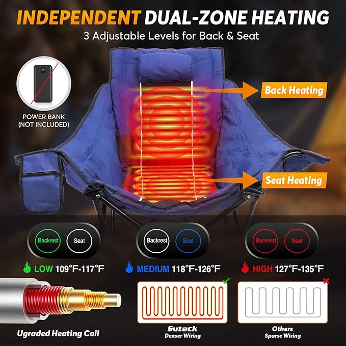Suteck Heated Rocking Camping Chair, Fully Thicker Padded Heated Camping Chairs for Outdoor Sports W/3 Heat Levels for Back & Seat, Heated Rocking Chair for Adults with Carry Bag, Battery NOT Included