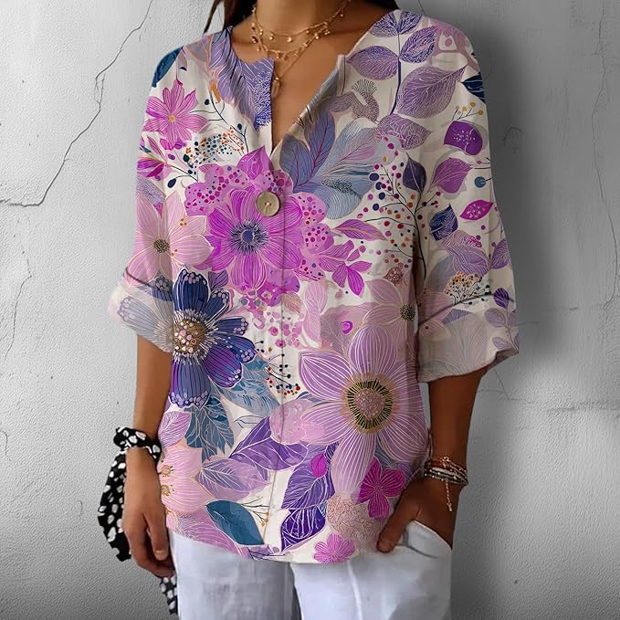 Fashion Shirts for Women Loose Fit Button Down V Neck Blouse 3/4 Sleeves Casual Tunic Tops Summer Outfits