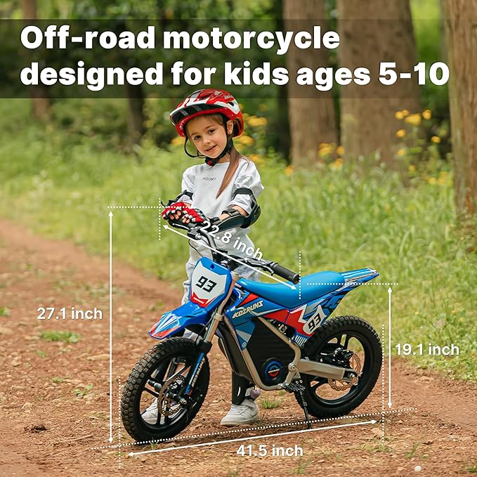 Racing Grade Electric Dirt Bike for Kids, Peak 500W Powerful Motorcycle for Ages 5-10, 36V 5.2Ah Lithium Battery, Dual Shock Absorption, 3 Speed Modes, Safe Disc Brake, 14 inch Off Road Tires, Blue