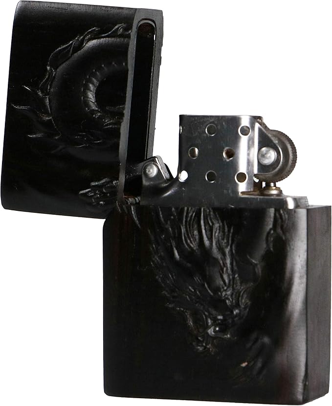 Natural Ebony Black Wood Carved Lighter Shell Box for Zippo Module (Dragon 1#)