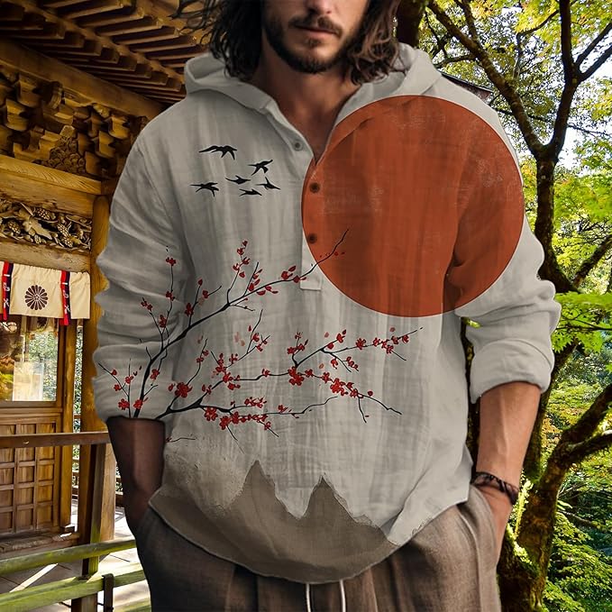 MARSVOVO Hooded Long Sleeve Shirt Men Fashion Graphic Button Up Lightweight Big and Tall Casual Vacation Shirts for Men
