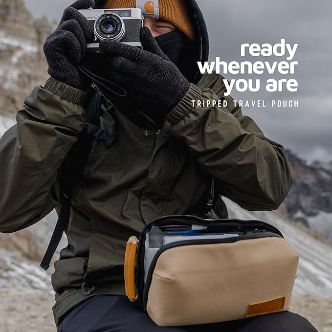 Tech Bag Organizer - Small Electronics Organizer Pouch for Travel - Premium Travel Case with Leather Accents - Mesh Pocket for Cables, Cords and Chargers (Tan)