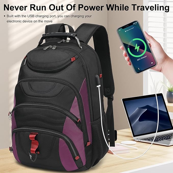 Boavan Laptop Backpack for men, 17.3 inch Laptop Bag with USB Port, Waterproof Travel Work Backpack Purse, Anti-Theft Teacher Nurse Doctor Casual Bookbags Office Business backpack,Black& Purple