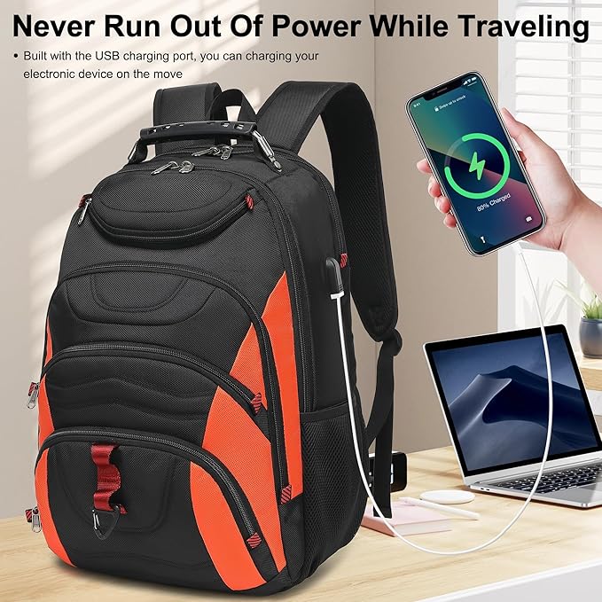 Boavan Laptop Backpack for men, 17.3 inch Laptop Bag with USB Port, Waterproof Travel Work Backpack Purse, Anti-Theft Teacher Nurse Doctor Casual Bookbags Office Business backpack,Black&Orange