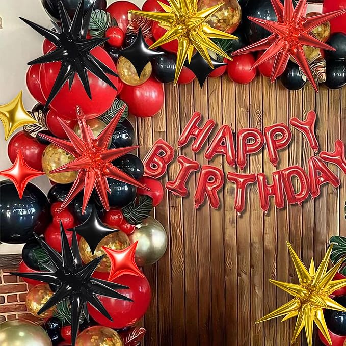 TONIFUL 22Inch 18Pcs Black Gold Red Explosion Star Mylar Balloons and 10Inch Four Pointed Star Balloons Set for Christmas New Year Birthday Wedding Bridal Shower Anniversary Photo Booth Supplies