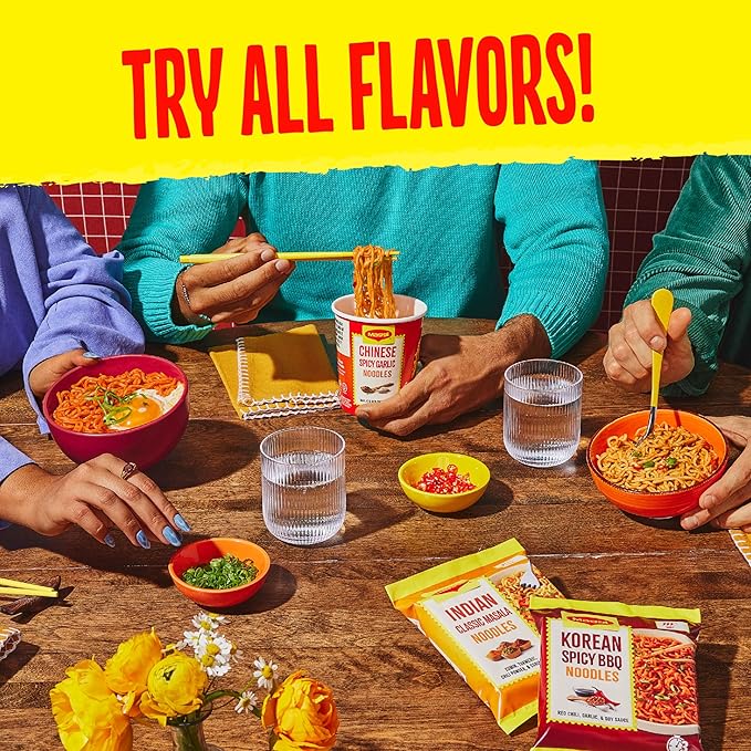 Maggi Chinese Spicy Garlic Noodles, Instant Ramen Noodles, 3 min, Vegetarian, Halal, Kosher, 4-Pack
