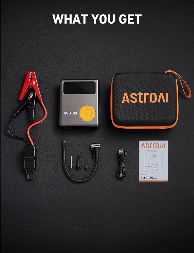 AstroAI Portable Car Jump Starter with Air Compressor, 150PSI 1750A Car Jumper Starter Battery Pack with Cordless Tire Inflator (7.5 Gas/5.0L Diesel), 12V Jump Box, Large LCD Display, Lights